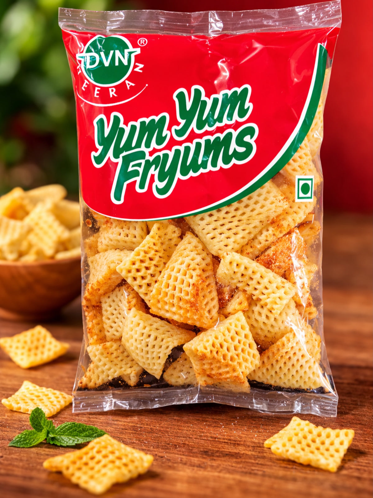 Deeran DVN Yum Yum Fryums triangle chips pack 50g with waffle-textured tangy masala fryums